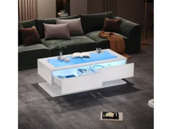 Mesa De Centro*ModernLuxe Mesa de centro brilhante 100×50×35 cm - 2 gavetas - com iluminação LED - tampo de vidro - painel de partículas - Branco