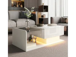 Mesa De Centro*Merax Mesa de centro brilhante - 100 x 50 x 33/47,5 cm - com tampo de vidro + LEDs + armazenamento - aglomerado - Branco