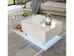 Mesa De Centro*Merax Mesa de centro brilhante - 100 x 50 x 33/47,5 cm - com tampo de vidro + LEDs + armazenamento - aglomerado - Branco