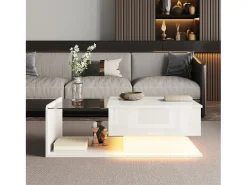 Mesa De Centro*Merax Mesa de centro brilhante - 100 x 50 x 33/47,5 cm - com tampo de vidro + LEDs + armazenamento - aglomerado - Branco