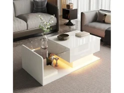Mesa De Centro*Merax Mesa de centro brilhante - 100 x 50 x 33/47,5 cm - com tampo de vidro + LEDs + armazenamento - aglomerado - Branco