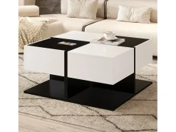 Mesa De Centro*ModernLuxe Mesa de centro brilhante 70×70×35,5 cm - quadrada - com 2 gavetas - painel de partículas - preto e branco Preto / Branco