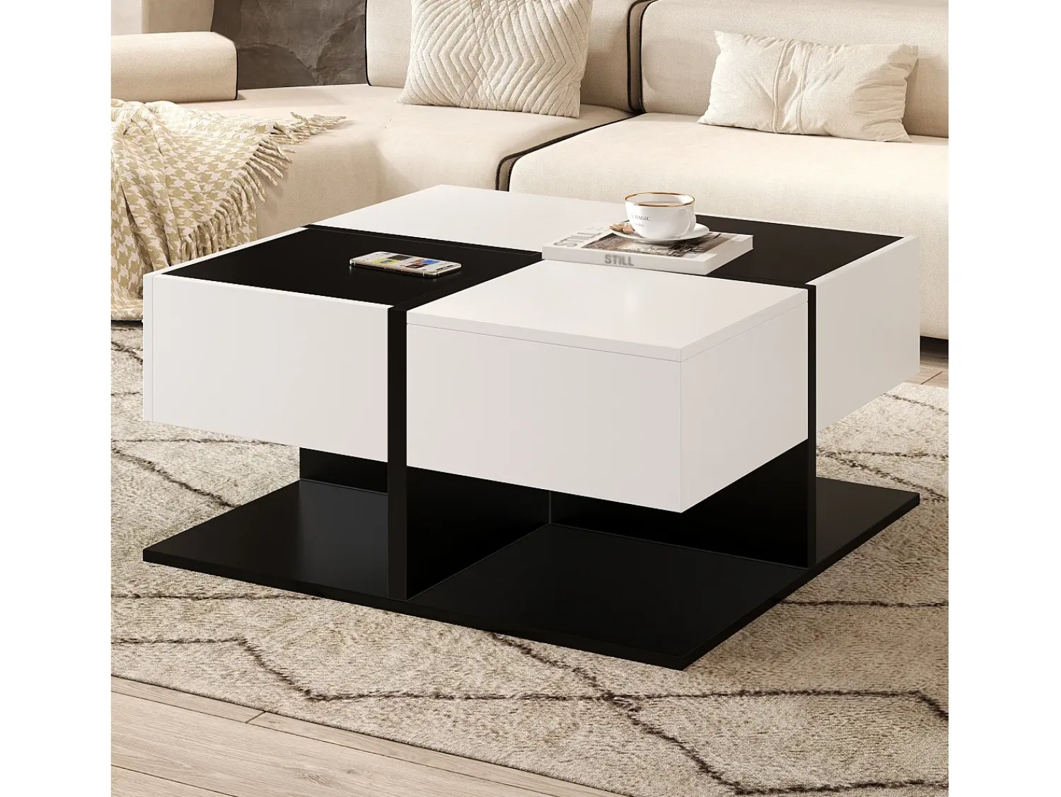 Mesa De Centro*ModernLuxe Mesa de centro brilhante 70×70×35,5 cm - quadrada - com 2 gavetas - painel de partículas - preto e branco Preto / Branco