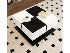 Mesa De Centro*ModernLuxe Mesa de centro brilhante 70×70×35,5 cm - quadrada - com 2 gavetas - painel de partículas - preto e branco Preto / Branco