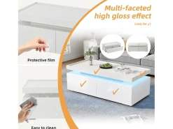 New ModernLuxe Mesa de centro brilhante 95×45×35 cm - com iluminação LED - com 2 gavetas - Painel de partículas - Branco