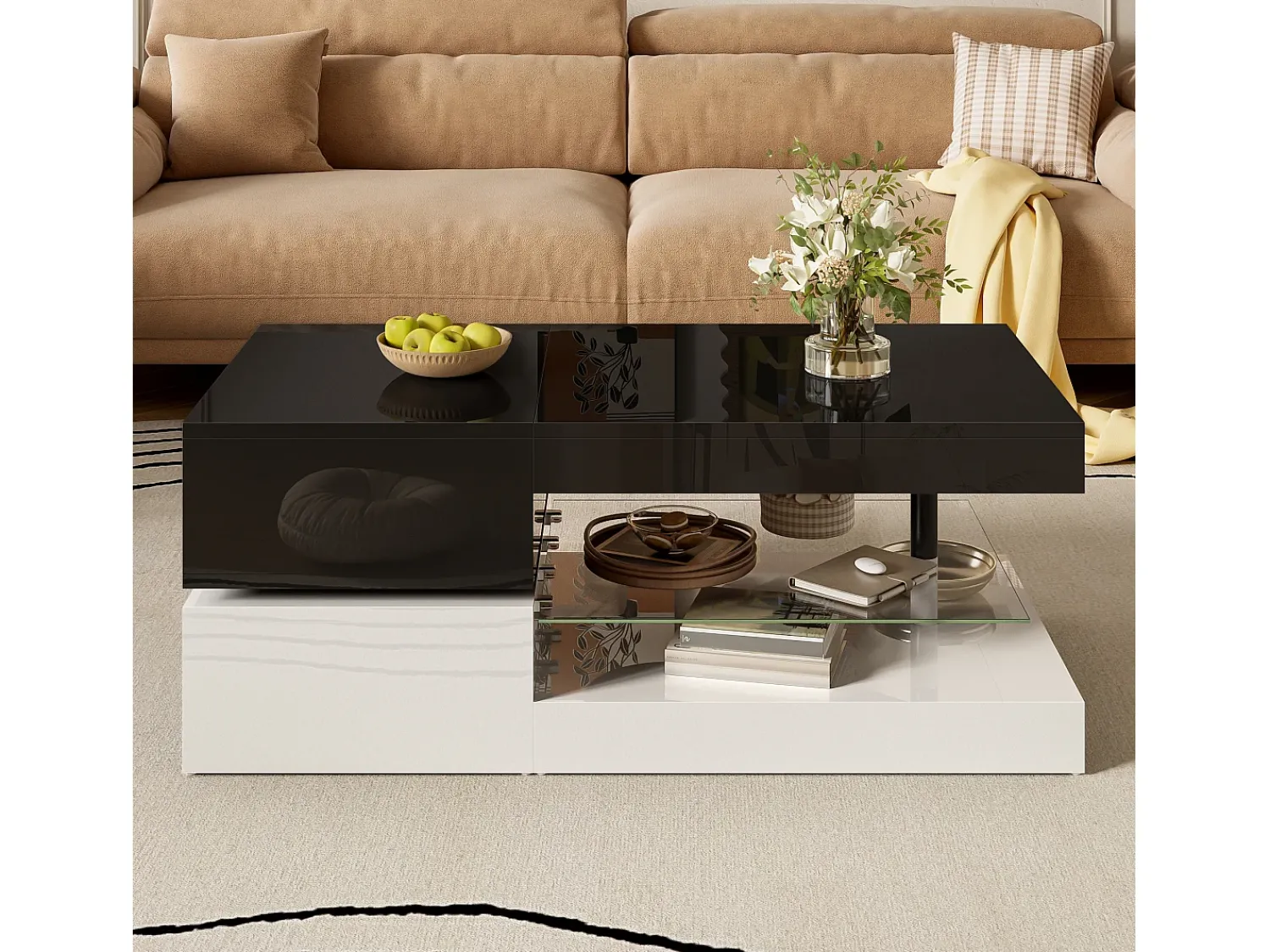 Mesa De Centro|ModernLuxe Mesa de centro brilhante 90×45×35,5 cm - com iluminação LED - prateleira de vidro - painel de partículas - preto + branco Preto / Branco