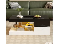 Mesa De Centro|ModernLuxe Mesa de centro brilhante 90×45×35,5 cm - com iluminação LED - prateleira de vidro - painel de partículas - preto + branco Preto / Branco