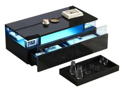 Merax Mesa de centro brilhante - 90 x 45 x 35,5 cm - com 2 gavetas + LEDs - vidro temperado + MDF - preta^ Mesa De Centro