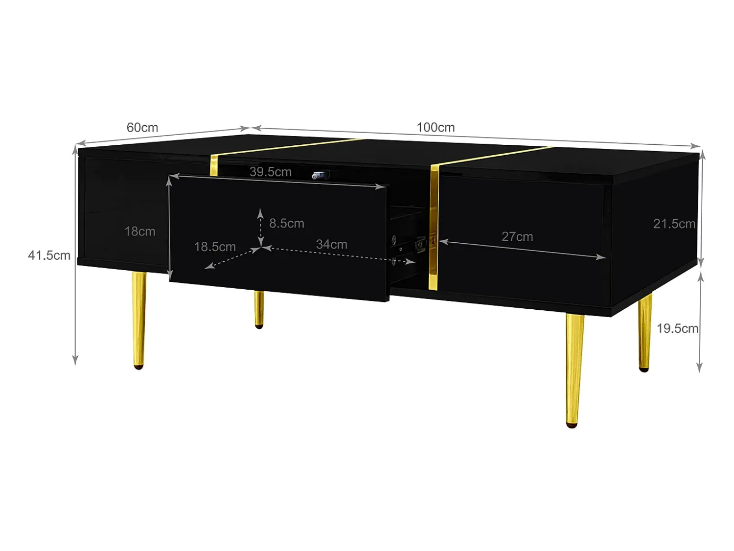 Mesa De Centro* Mesa de centro brilhante com 2 gavetas, pernas em metal, moderna e simples, mesa de sala, mesa de apoio de varanda preta Preto