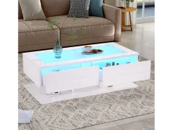 Merax Mesa de centro brilhante - 100 x 50 x 35 cm - com 2 gavetas + LEDs - tampo de vidro - aglomerado -^ Mesa De Centro