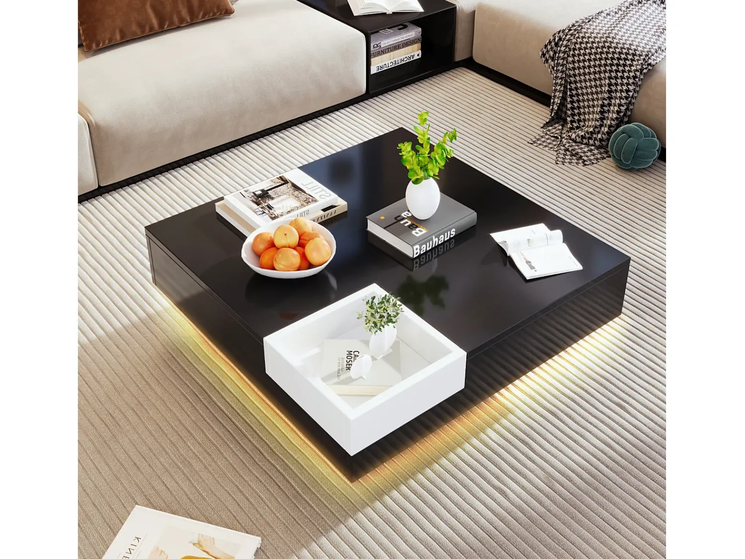 Mesa de centro brilhante com LED, mesa lateral com caixa de arrumação removível, e branco.^ Mesa De Centro