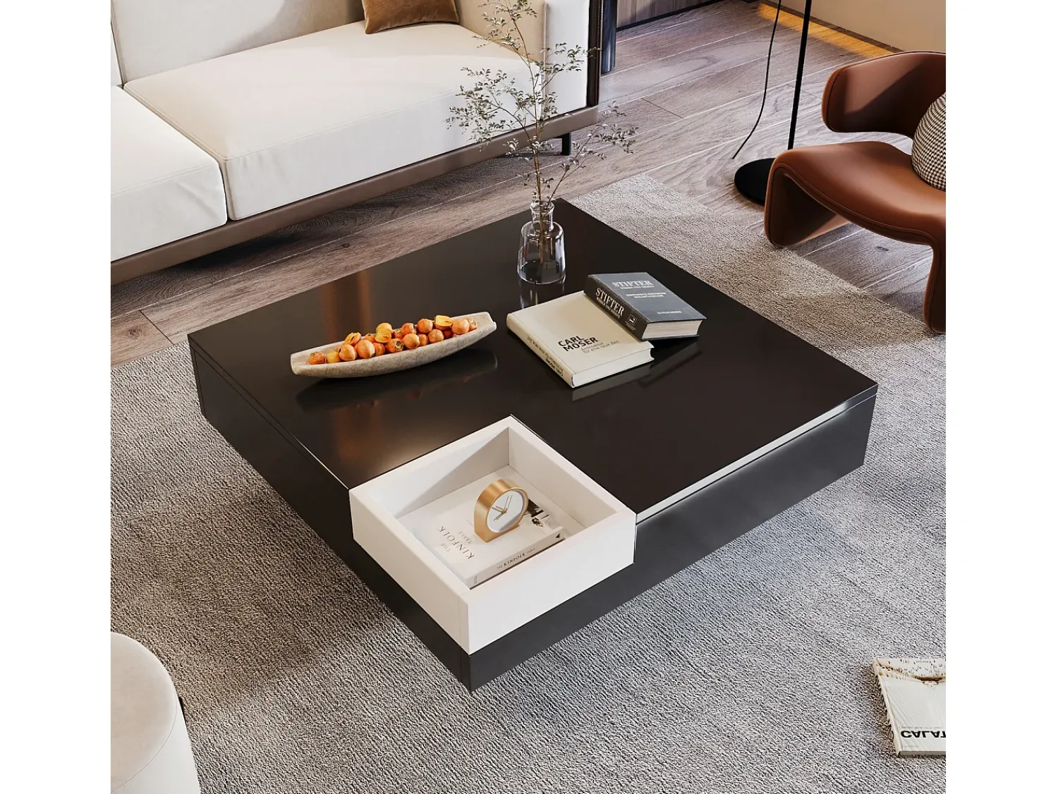 Mesa de centro brilhante com LED, mesa lateral com caixa de arrumação removível, e branco.^ Mesa De Centro