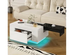 Discount Merax Mesa de centro brilhante - 80 x 50 x 35,5 cm - tampo extensível + 1 gaveta + LEDs - MDF - Branco