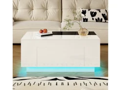 Discount Merax Mesa de centro brilhante - 80 x 50 x 35,5 cm - tampo extensível + 1 gaveta + LEDs - MDF - Branco