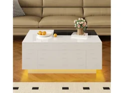 Discount Merax Mesa de centro brilhante - 80 x 50 x 35,5 cm - tampo extensível + 1 gaveta + LEDs - MDF - Branco