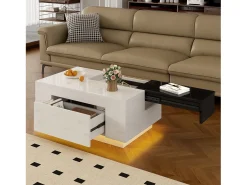 Discount Merax Mesa de centro brilhante - 80 x 50 x 35,5 cm - tampo extensível + 1 gaveta + LEDs - MDF - Branco
