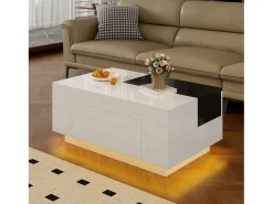 Discount Merax Mesa de centro brilhante - 80 x 50 x 35,5 cm - tampo extensível + 1 gaveta + LEDs - MDF - Branco