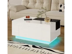 Discount Merax Mesa de centro brilhante - 80 x 50 x 35,5 cm - tampo extensível + 1 gaveta + LEDs - MDF - Branco