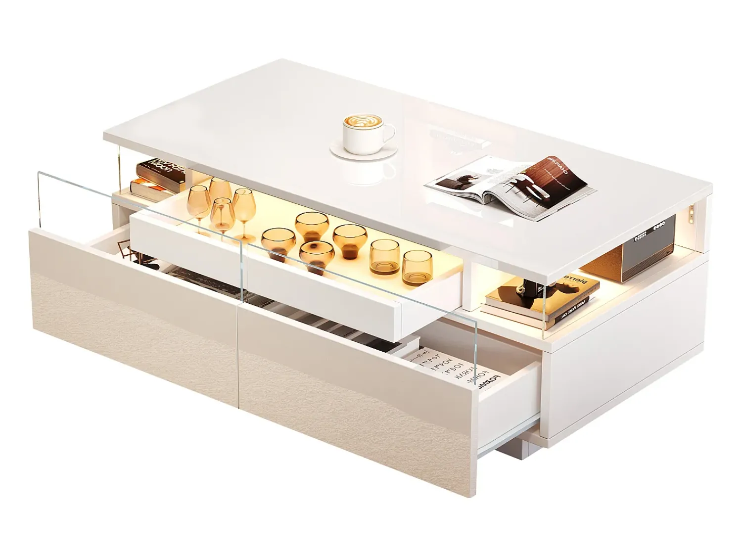ModernLuxe Mesa de centro brilhante 90×45×35,5 cm - 2 gavetas - com iluminação LED - com vidro temperado -^ Mesa De Centro