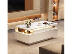 ModernLuxe Mesa de centro brilhante 90×45×35,5 cm - 2 gavetas - com iluminação LED - com vidro temperado -^ Mesa De Centro
