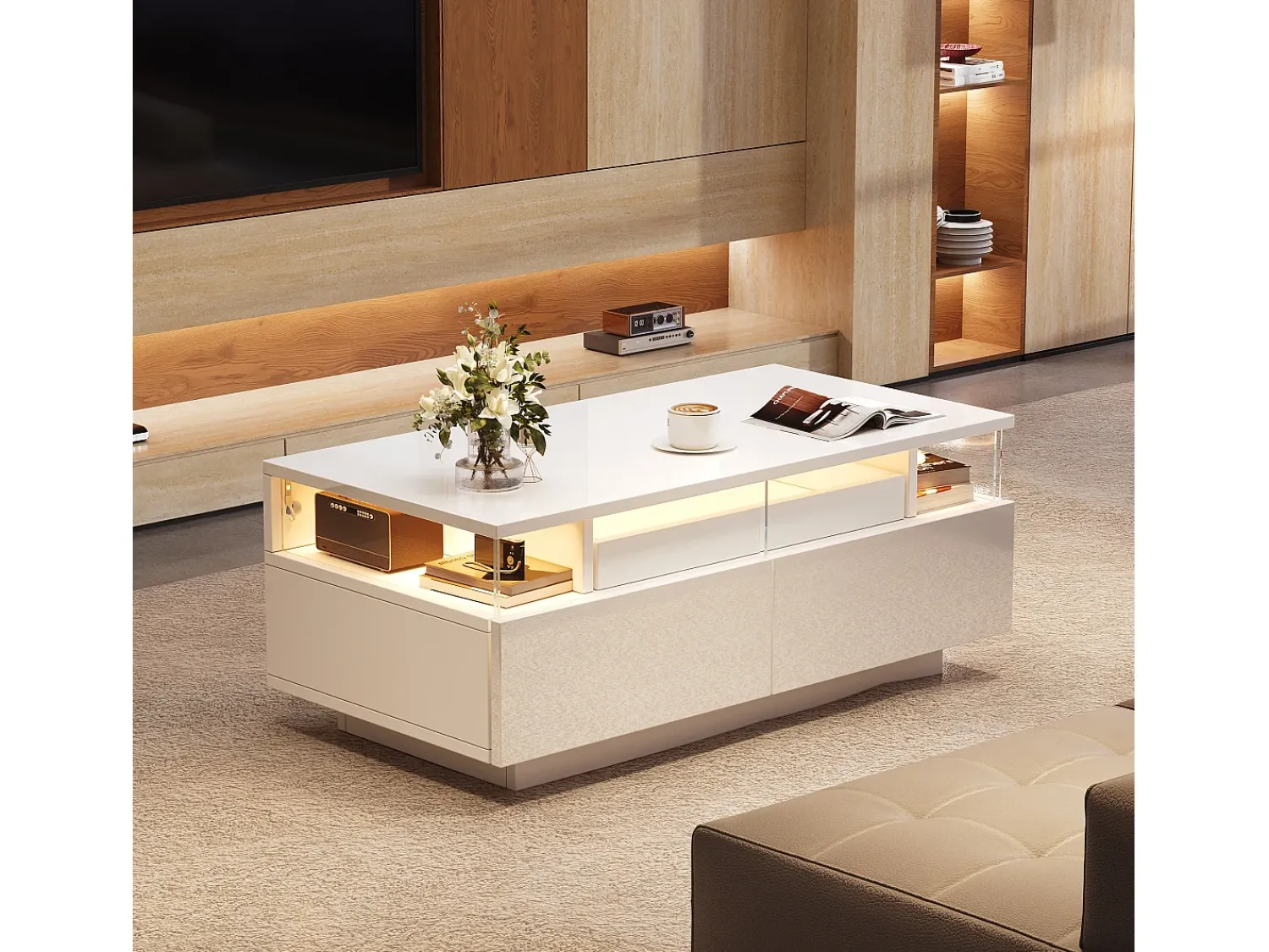 ModernLuxe Mesa de centro brilhante 90×45×35,5 cm - 2 gavetas - com iluminação LED - com vidro temperado -^ Mesa De Centro