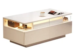 ModernLuxe Mesa de centro brilhante 90×45×35,5 cm - 2 gavetas - com iluminação LED - com vidro temperado -^ Mesa De Centro