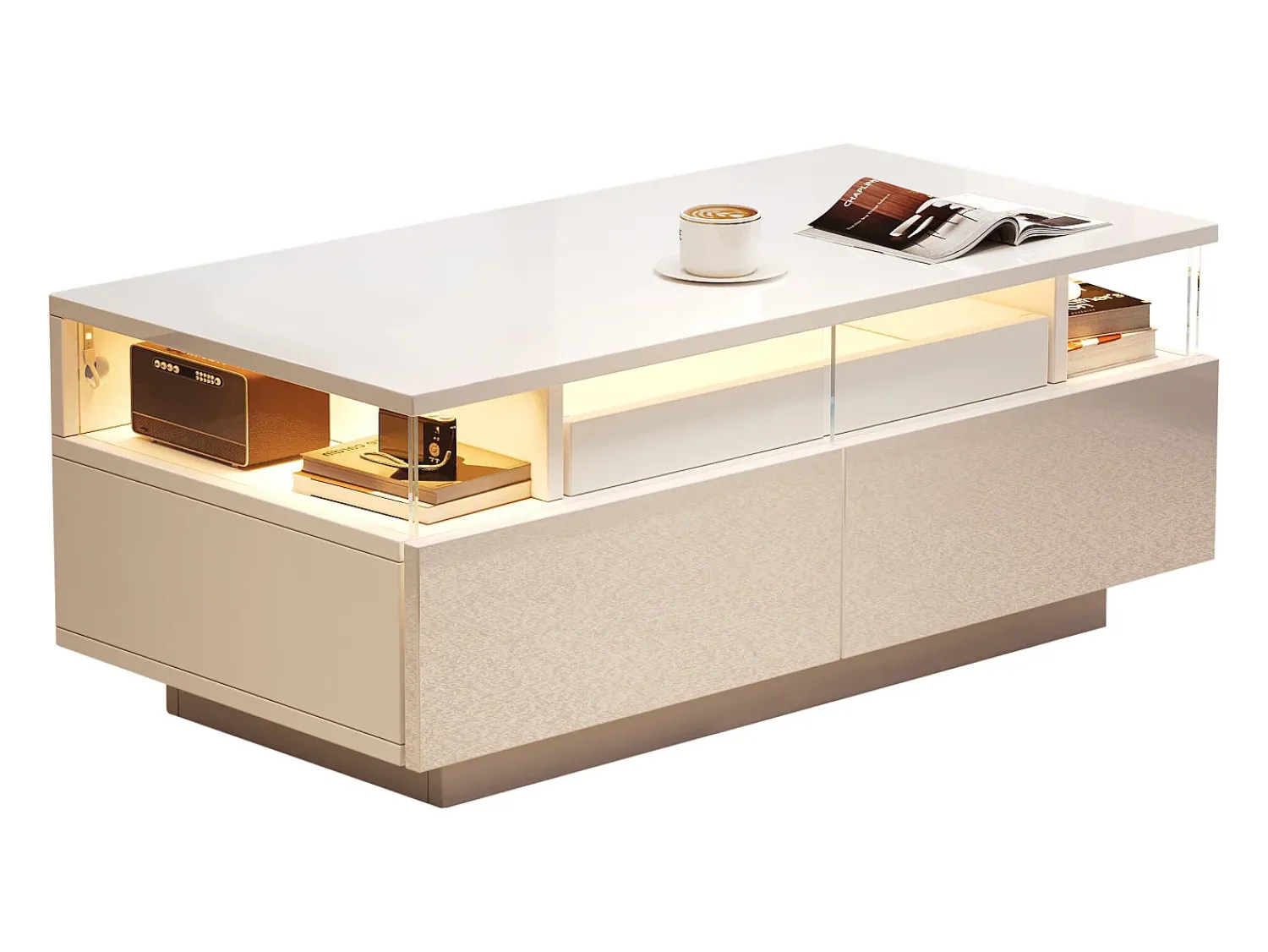 ModernLuxe Mesa de centro brilhante 90×45×35,5 cm - 2 gavetas - com iluminação LED - com vidro temperado -^ Mesa De Centro