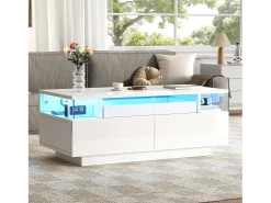 ModernLuxe Mesa de centro brilhante 90×45×35,5 cm - 2 gavetas - com iluminação LED - com vidro temperado -^ Mesa De Centro