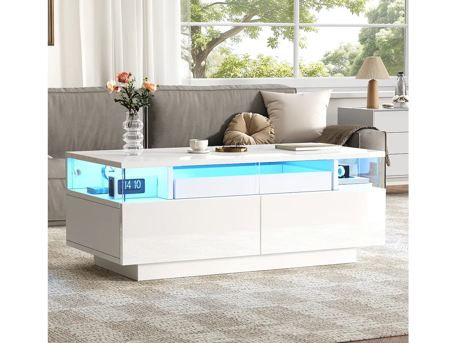 ModernLuxe Mesa de centro brilhante 90×45×35,5 cm - 2 gavetas - com iluminação LED - com vidro temperado -^ Mesa De Centro