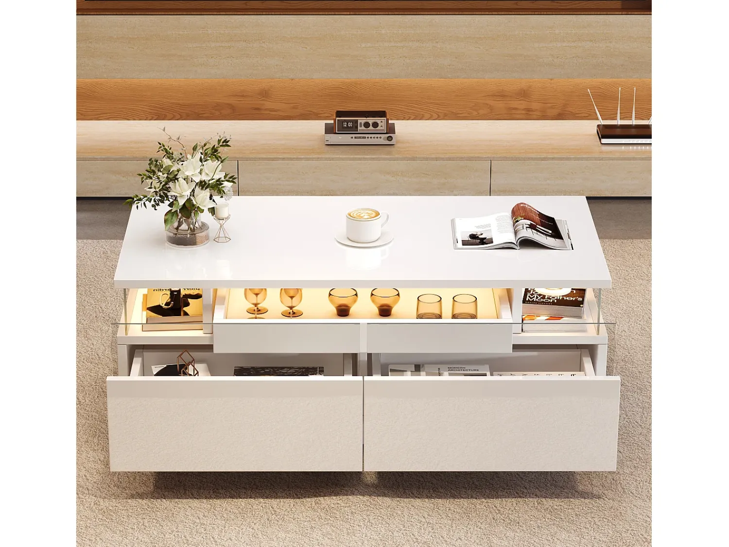 ModernLuxe Mesa de centro brilhante 90×45×35,5 cm - 2 gavetas - com iluminação LED - com vidro temperado -^ Mesa De Centro