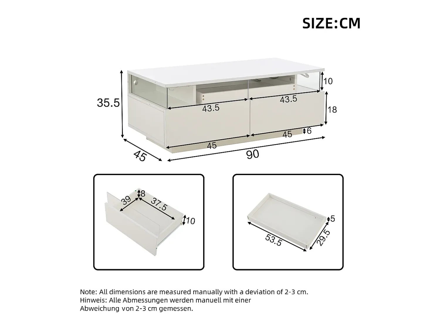 ModernLuxe Mesa de centro brilhante 90×45×35,5 cm - 2 gavetas - com iluminação LED - com vidro temperado -^ Mesa De Centro