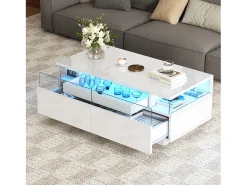 ModernLuxe Mesa de centro brilhante 90×45×35,5 cm - 2 gavetas - com iluminação LED - com vidro temperado -^ Mesa De Centro