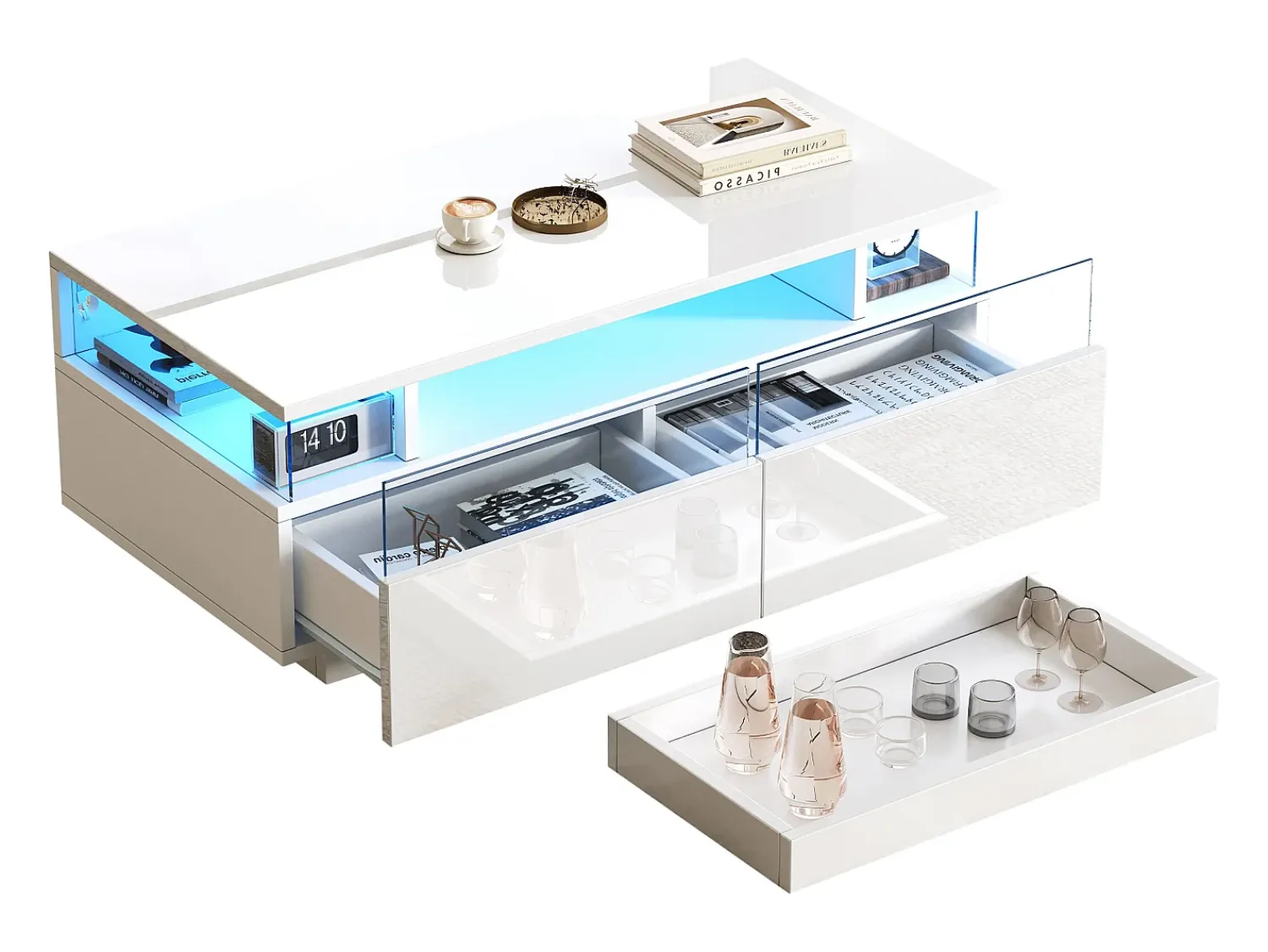 ModernLuxe Mesa de centro brilhante 90×45×35,5 cm - 2 gavetas - com iluminação LED - com vidro temperado -^ Mesa De Centro