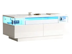 ModernLuxe Mesa de centro brilhante 90×45×35,5 cm - 2 gavetas - com iluminação LED - com vidro temperado -^ Mesa De Centro