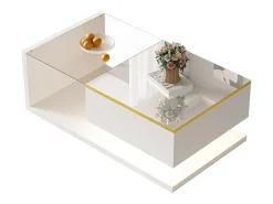 Discount Merax Mesa de centro brilhante - 90 x 50 x 32,5 cm - com vidro + efeito LED + armazenamento - aglomerado - Branco