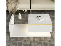 Discount Merax Mesa de centro brilhante - 90 x 50 x 32,5 cm - com vidro + efeito LED + armazenamento - aglomerado - Branco