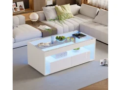 Mesa De Centro|ModernLuxe Mesa de centro brilhante 100x50x40 cm - com 2 gavetas - com iluminação LED - Tampos de vidro - Branco