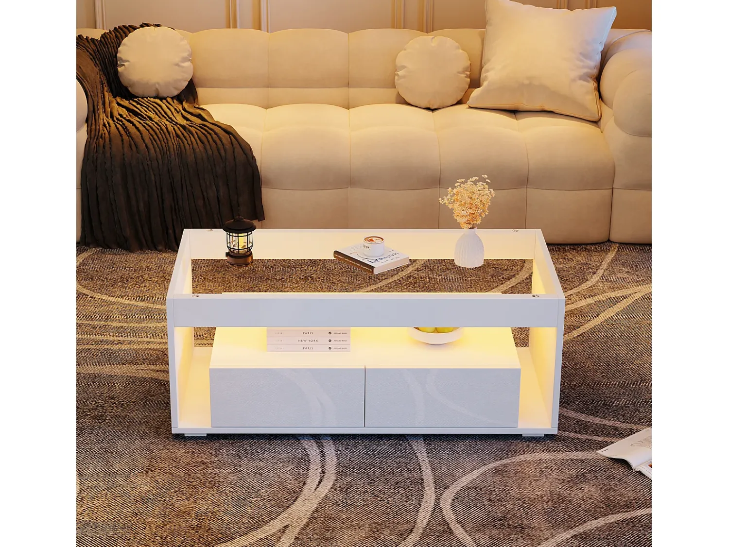 Mesa De Centro|ModernLuxe Mesa de centro brilhante 100x50x40 cm - com 2 gavetas - com iluminação LED - Tampos de vidro - Branco