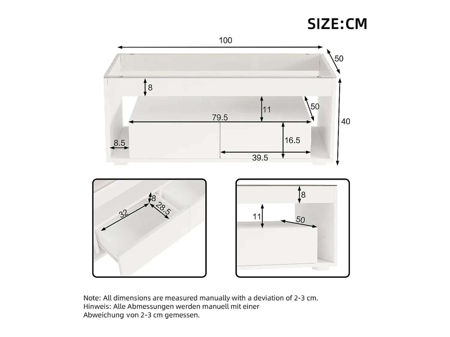 Mesa De Centro|ModernLuxe Mesa de centro brilhante 100x50x40 cm - com 2 gavetas - com iluminação LED - Tampos de vidro - Branco