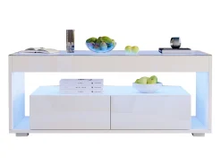 Mesa De Centro|ModernLuxe Mesa de centro brilhante 100x50x40 cm - com 2 gavetas - com iluminação LED - Tampos de vidro - Branco