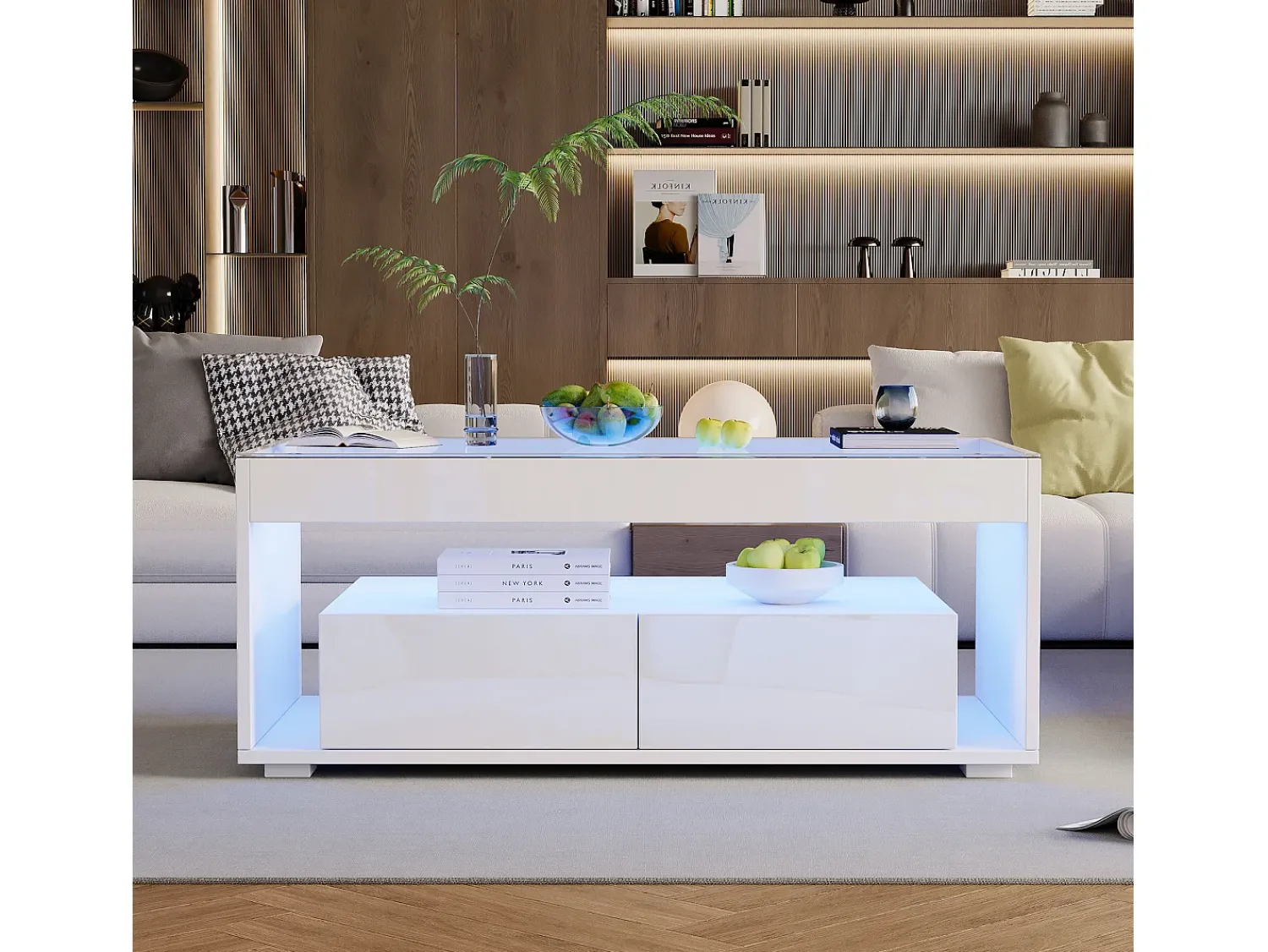 Mesa De Centro|ModernLuxe Mesa de centro brilhante 100x50x40 cm - com 2 gavetas - com iluminação LED - Tampos de vidro - Branco