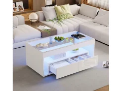 Mesa De Centro|ModernLuxe Mesa de centro brilhante 100x50x40 cm - com 2 gavetas - com iluminação LED - Tampos de vidro - Branco