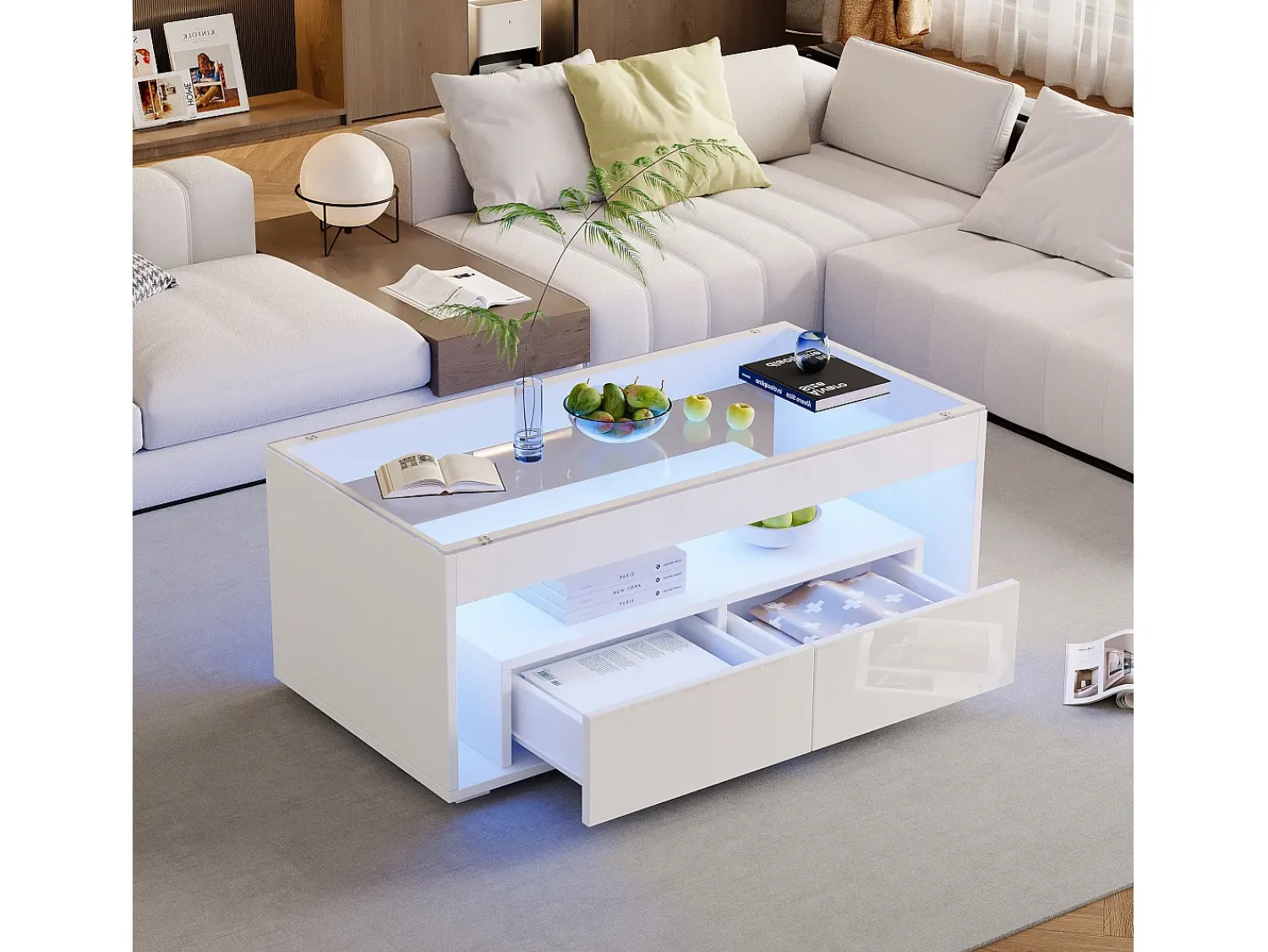 Mesa De Centro|ModernLuxe Mesa de centro brilhante 100x50x40 cm - com 2 gavetas - com iluminação LED - Tampos de vidro - Branco