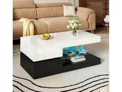 Mesa De Centro|ModernLuxe Mesa de centro brilhante 90×45×35,5 cm - com iluminação LED - prateleira de vidro - painel de partículas - branco + preto Preto / Branco