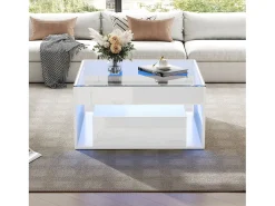 Mesa De Centro|ModernLuxe Mesa de centro brilhante 70x70x35 cm - Com iluminação LED - 1 gaveta - Prateleira aberta - Tampos de vidro temperado - MDF - Branco