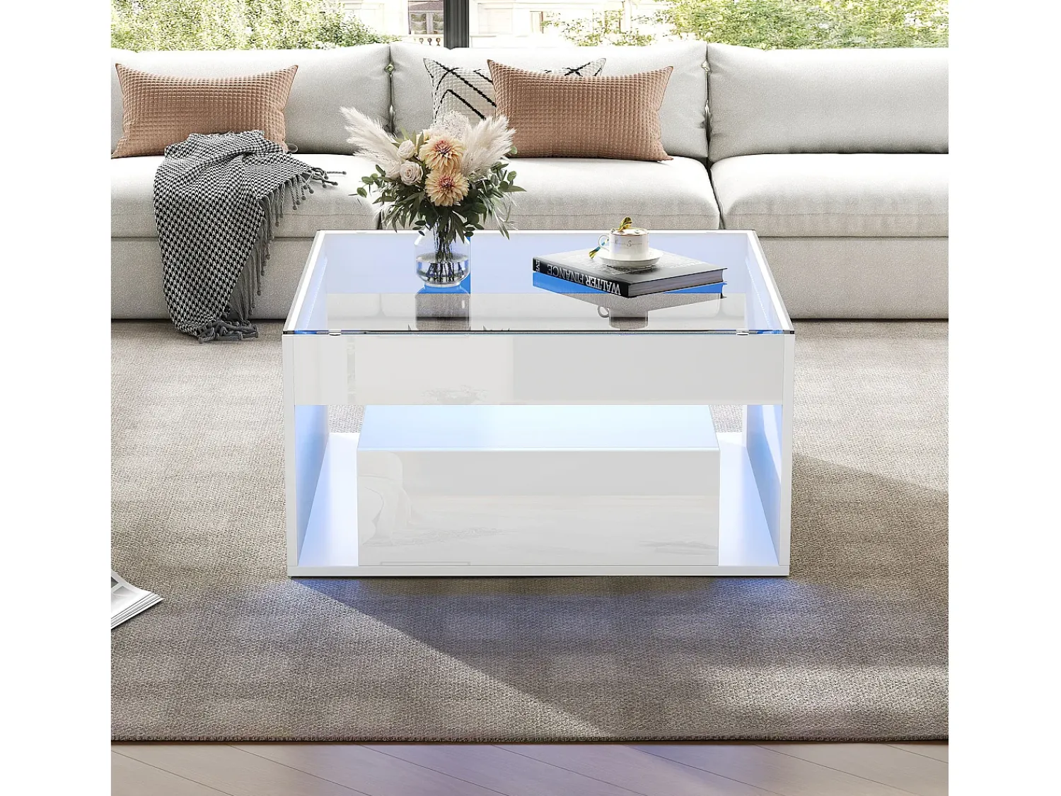 Mesa De Centro|ModernLuxe Mesa de centro brilhante 70x70x35 cm - Com iluminação LED - 1 gaveta - Prateleira aberta - Tampos de vidro temperado - MDF - Branco