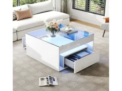 Mesa De Centro|ModernLuxe Mesa de centro brilhante 70x70x35 cm - Com iluminação LED - 1 gaveta - Prateleira aberta - Tampos de vidro temperado - MDF - Branco