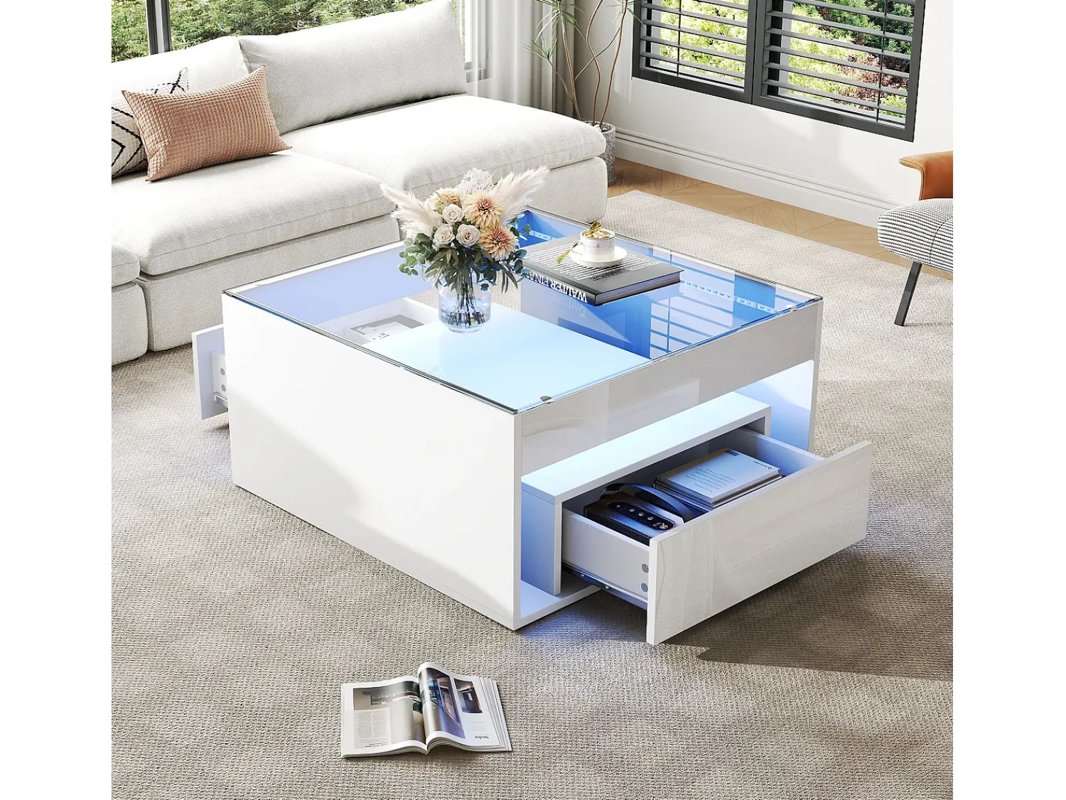 Mesa De Centro|ModernLuxe Mesa de centro brilhante 70x70x35 cm - Com iluminação LED - 1 gaveta - Prateleira aberta - Tampos de vidro temperado - MDF - Branco