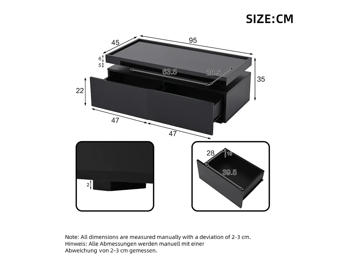 ModernLuxe Mesa de centro brilhante 95×45×35 cm - com iluminação LED - com 2 gavetas - Painel de partículas -^ Mesa De Centro