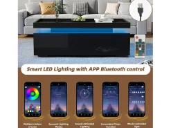ModernLuxe Mesa de centro brilhante 95×45×35 cm - com iluminação LED - com 2 gavetas - Painel de partículas -^ Mesa De Centro